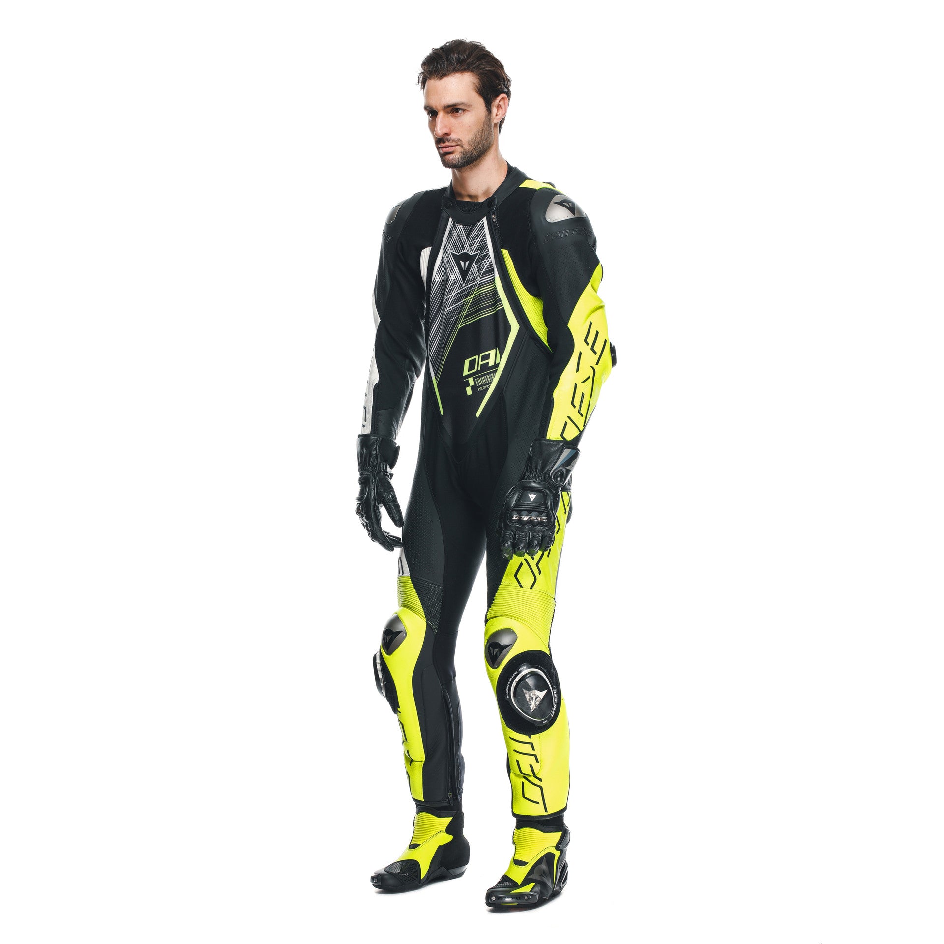 Dainese Audax D-ZIP fato de couro de uma peça – fato de corrida perfurado | Homens | Preto/Amarelo Neon 