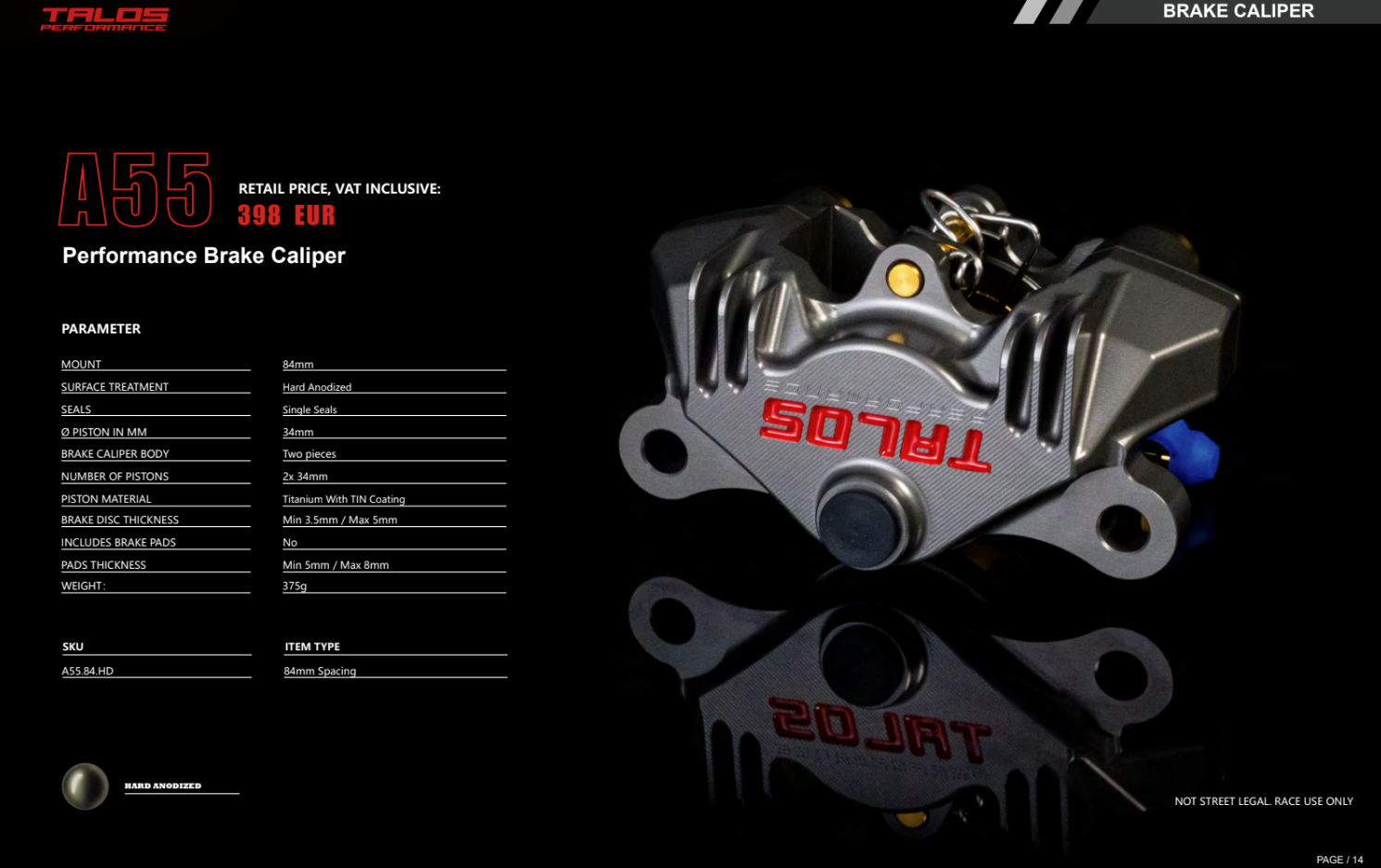 Talos P2 34 CNC Racing 84mm pinça de travão traseira | A55.84.HD 