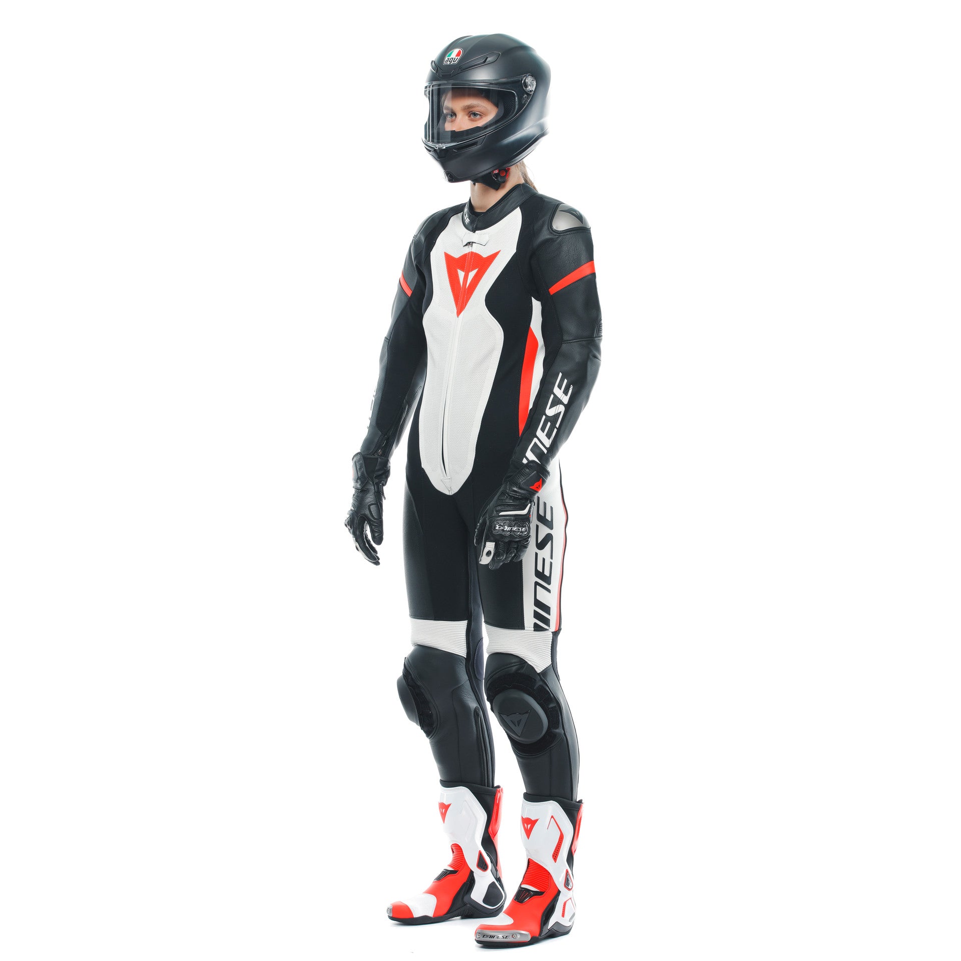 Dainese Grobnik Lady Macacão de Couro – fato de corrida perfurado | Mulheres | Branco/Vermelho 