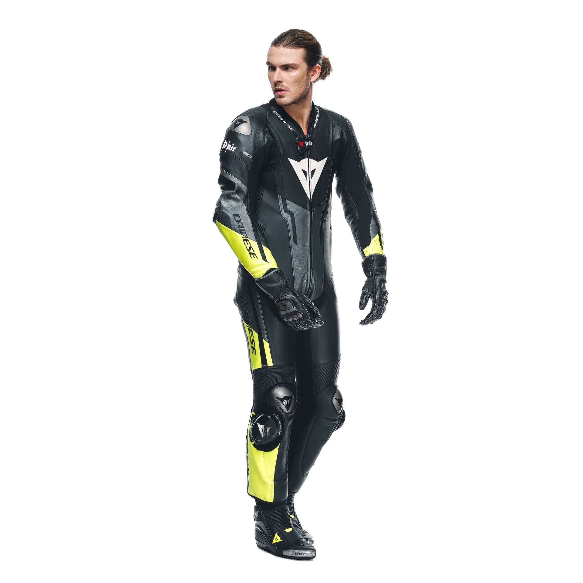 Dainese Misano 3 D-AIR® one-piece leather combination-perforated airbag racing suit | Men | Black/neon yellow