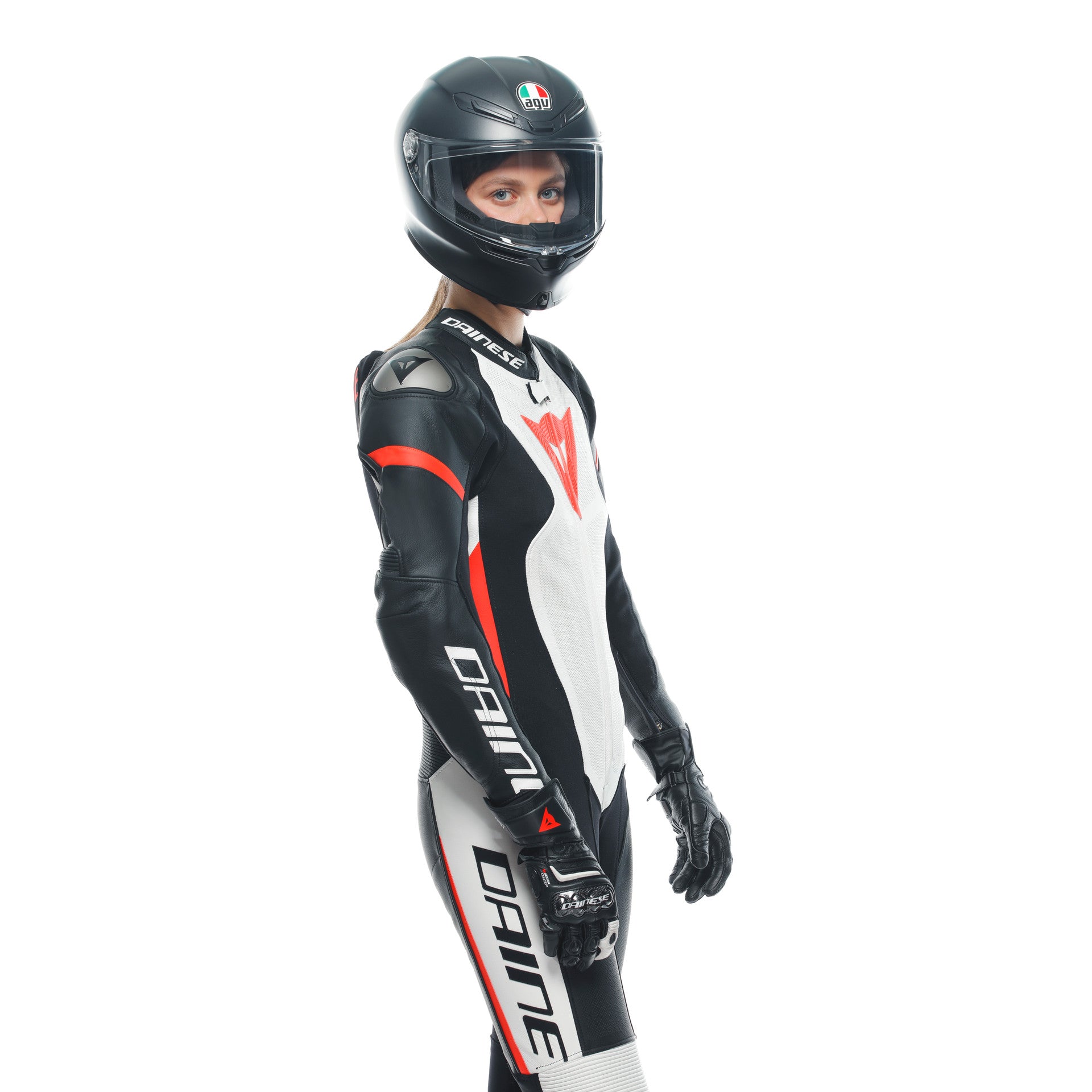 Dainese Grobnik Lady Macacão de Couro – fato de corrida perfurado | Mulheres | Branco/Vermelho 