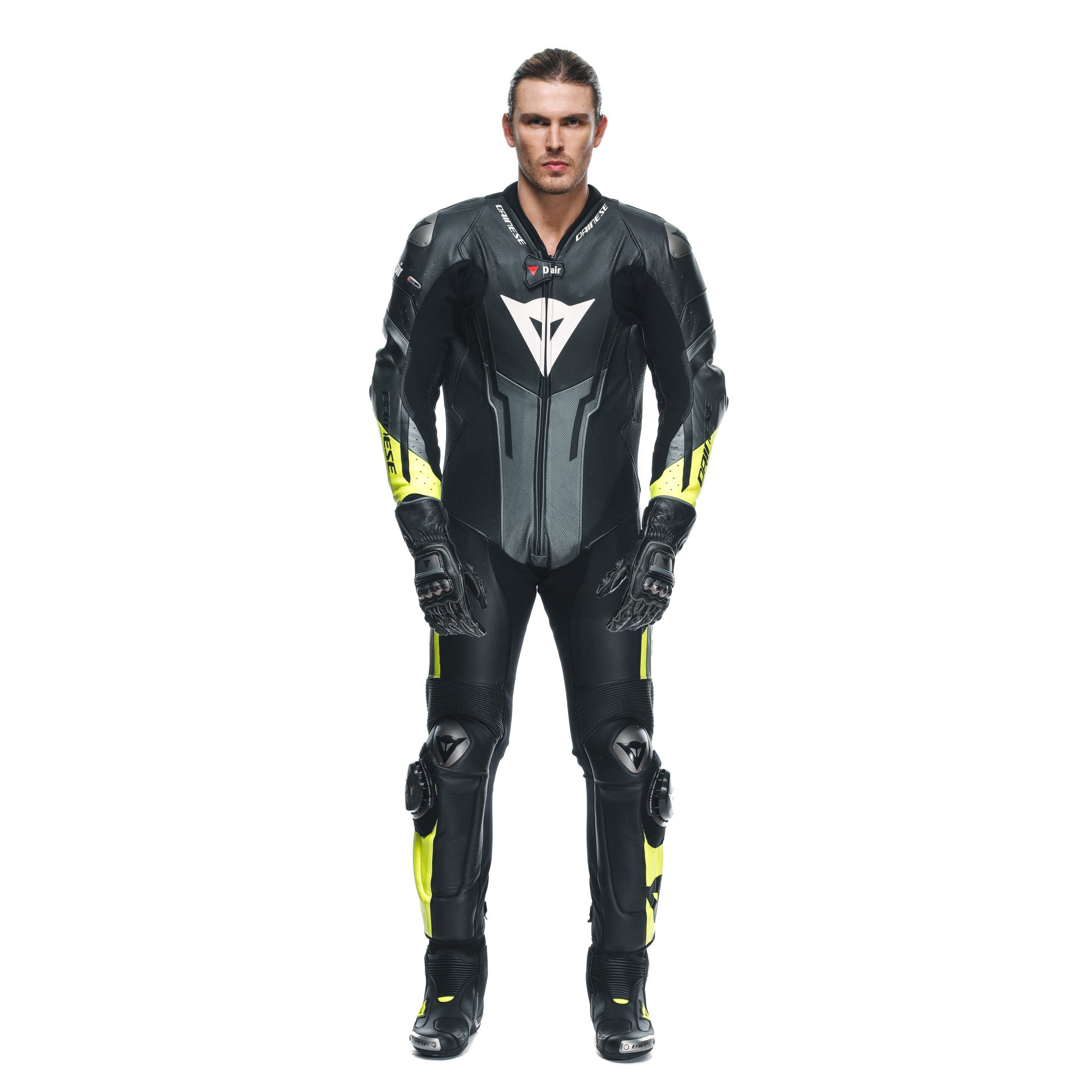 Dainese Misano 3 D-AIR® one-piece leather combination-perforated airbag racing suit | Men | Black/neon yellow