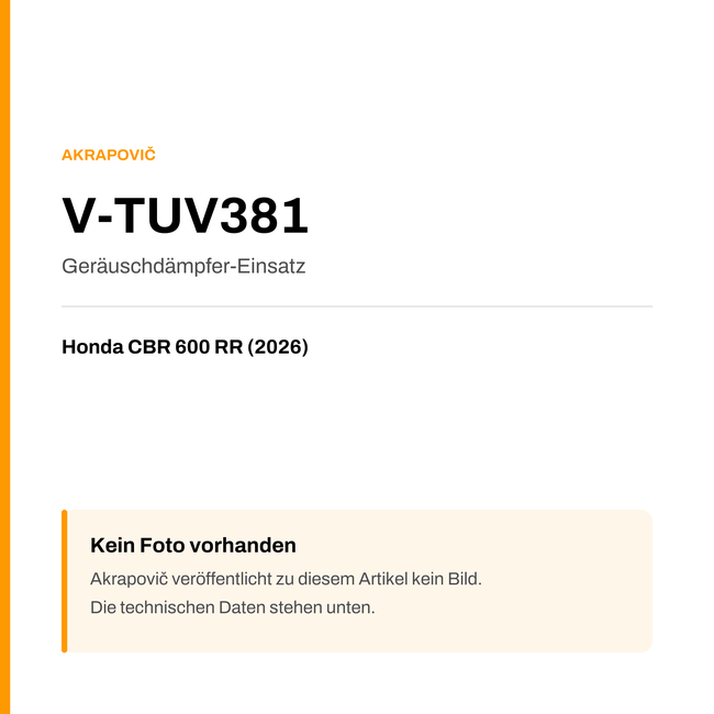 Akrapovic Geräuschdämpfer-Einsatz Honda CBR 600 RR (26-26) V-TUV381 — Platzhalter, kein Herstellerfoto verfügbar