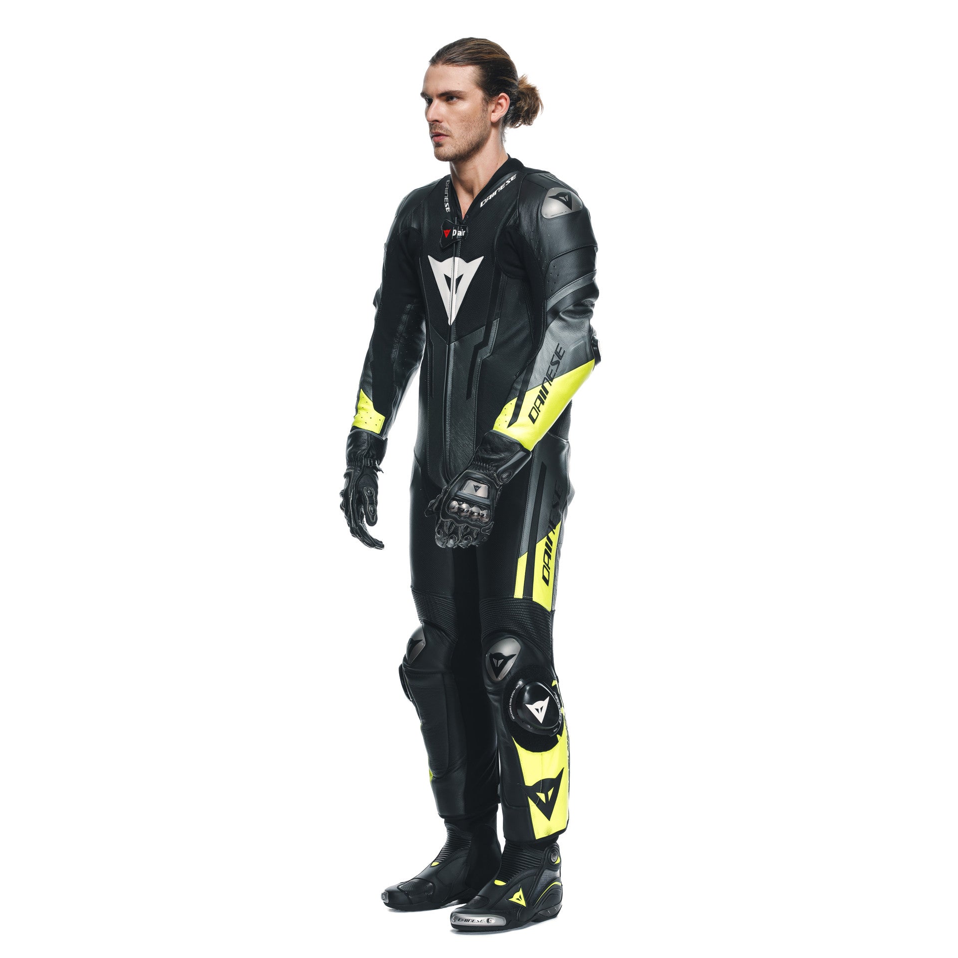 Dainese Misano 3 D-AIR® one-piece leather combination-perforated airbag racing suit | Men | Black/neon yellow