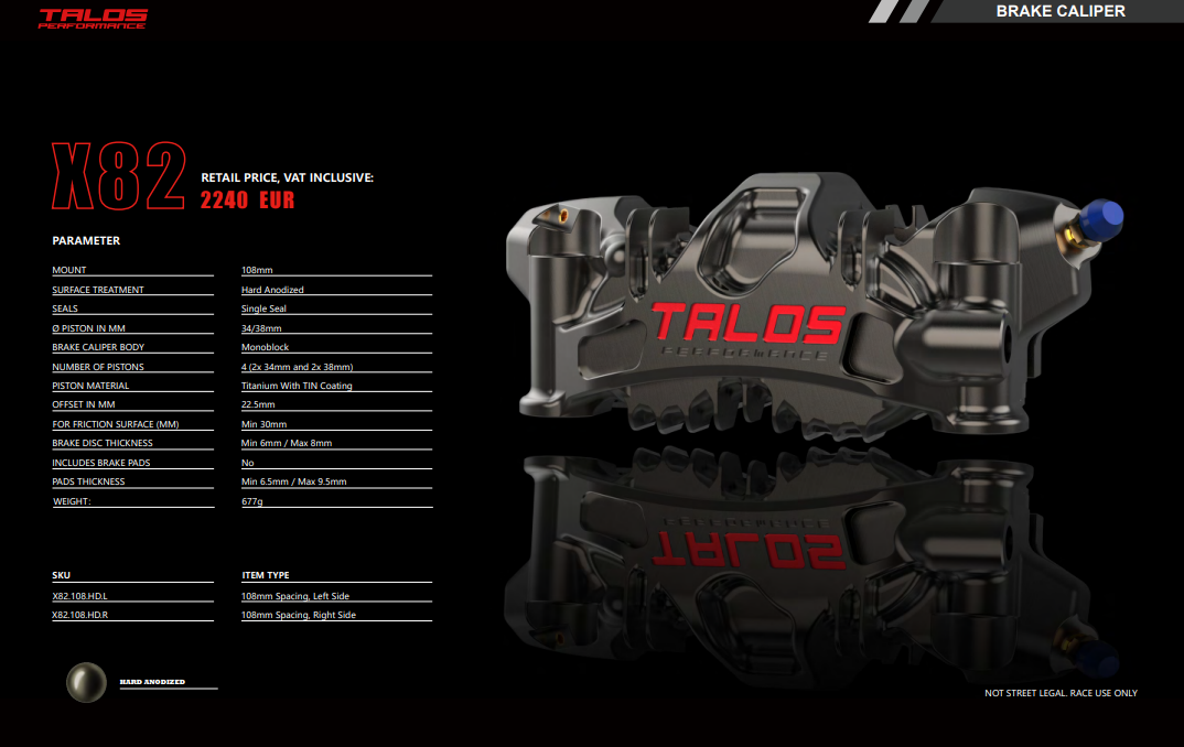 TALOS X82 SBK Racing Monoblock P4 34/38 108mm Brake Caliper Front Left | X82.108.DL.L 