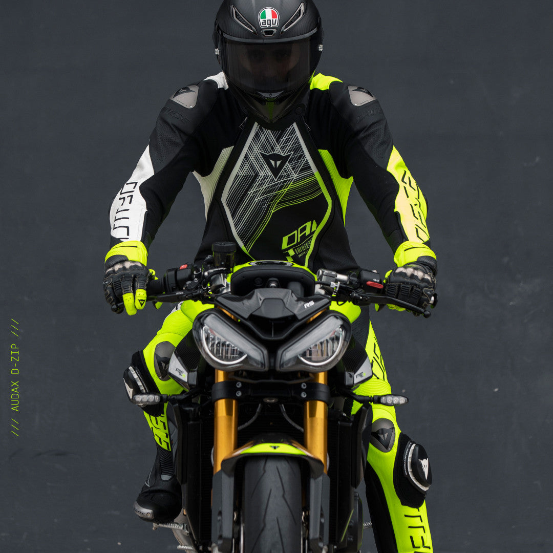 Dainese Audax D-ZIP fato de couro de uma peça – fato de corrida perfurado | Homens | Preto/Amarelo Neon 