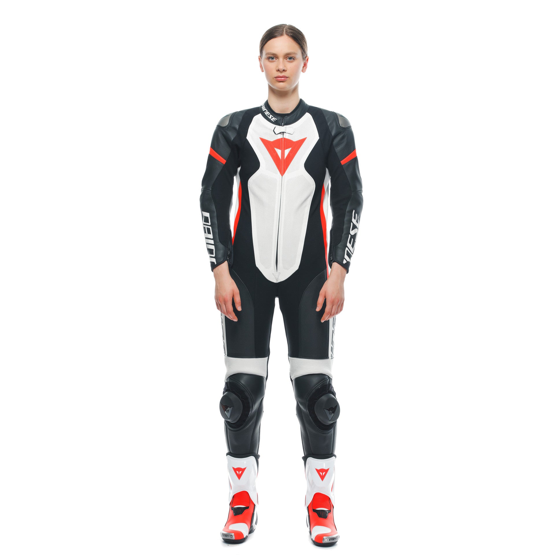 Dainese Grobnik Lady Macacão de Couro – fato de corrida perfurado | Mulheres | Branco/Vermelho 