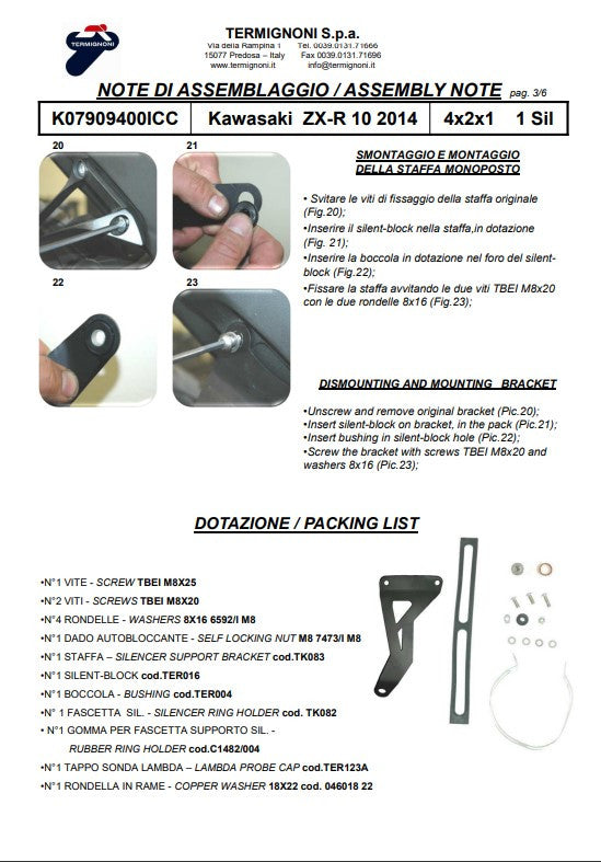 Sistema de escape completo em titânio Termignoni para Kawasaki ZX-10 R/RR (16-20) K08010200TCC 