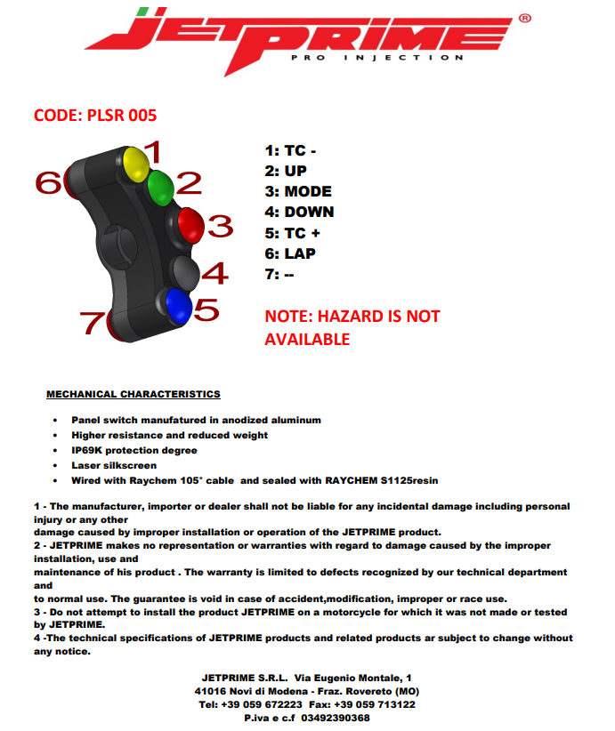 Left handlebar switch Race JetPrime Ducati Panigale 899 (13-16) JP PLSR 005 