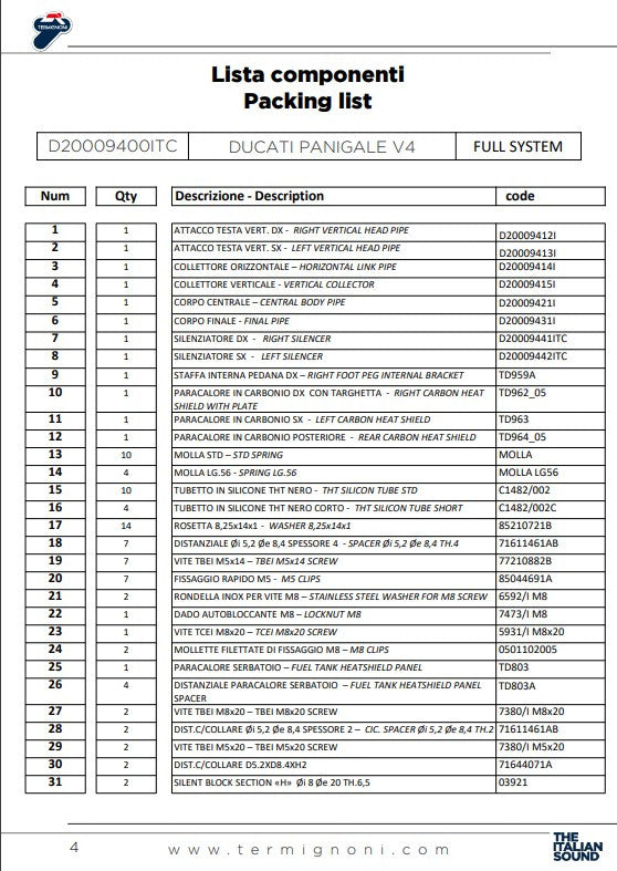Sistema de escape completo em aço inoxidável Termignoni D200 RHT Ducati Panigale V4/S (18-24) D20009400ITC 