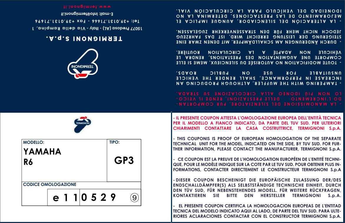 Termignoni Slip-On Classic-GP Alto Yamaha YZF-R6 (06-25) Y077080CR 