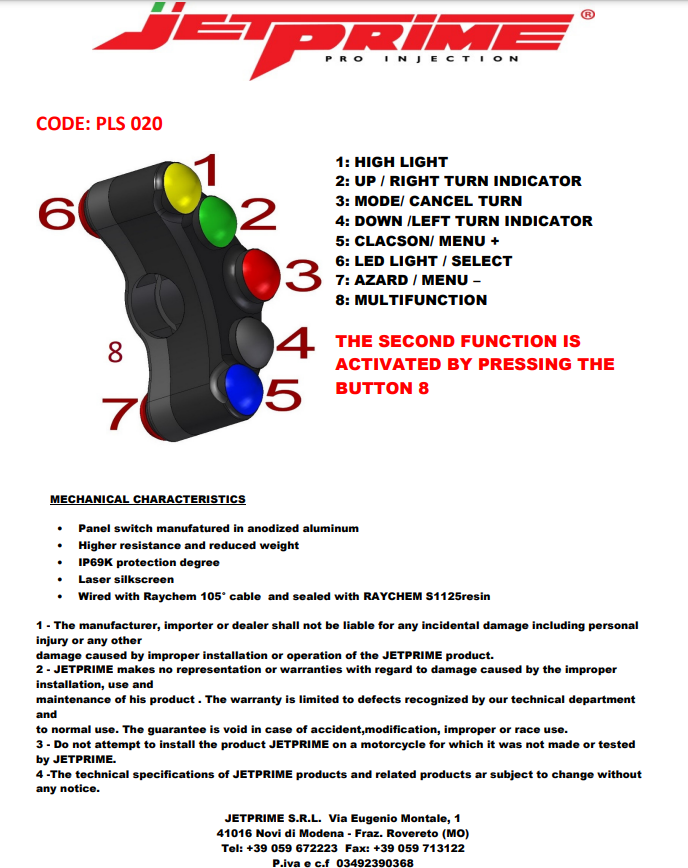 Interruptor de guidão Race esquerdo JetPrime Ducati Panigale V4/S/R (18-24) JP PLSR 020 