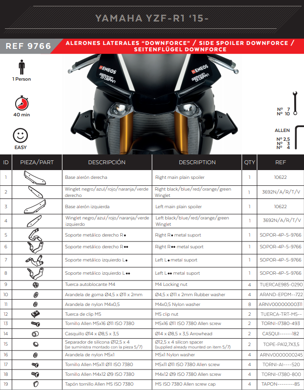 Spoilers de Winglets Puig Downforce Yamaha YZF-R1/M RN32 RN49 (15-19) 9766 