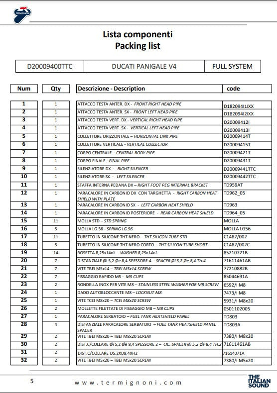 Sistema de escape completo Termignoni em titânio D200 RHT para Ducati Panigale V4/S (18-24) D20009400TTC 