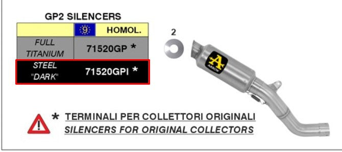 Arrow slip-on kit Dark GP2 stainless steel Aprilia RSV4/RR/RF (15-16) 71520GPI