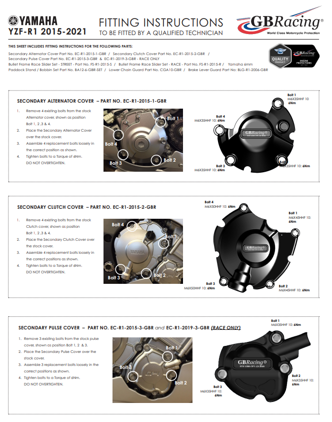 Capa de motor Proteções Conjunto completo GBRacing Yamaha YZF-R1/M RN32, RN49 e RN65 (15-25) 