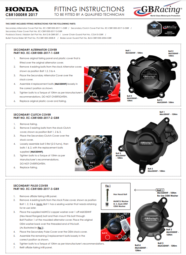 Conjunto Completo de Tampa de Motor Proteções GBRacing Honda CBR 1000 RR SC77 (17-19) 