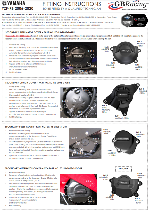 Capa de motor Proteções Conjunto completo GBRacing Yamaha YZF-R6 (06-25) 