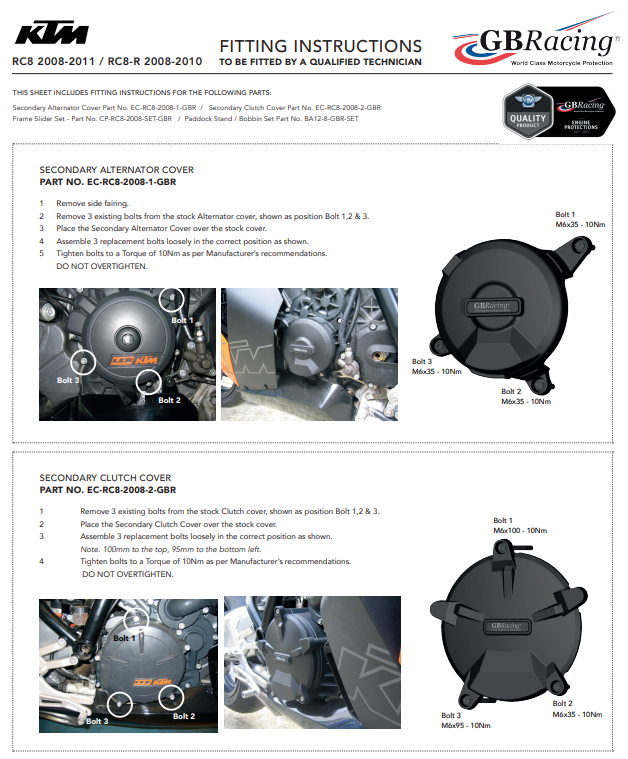 Motor lid protectors complete set GBRACING KTM RC8/R 1190 (08-10)