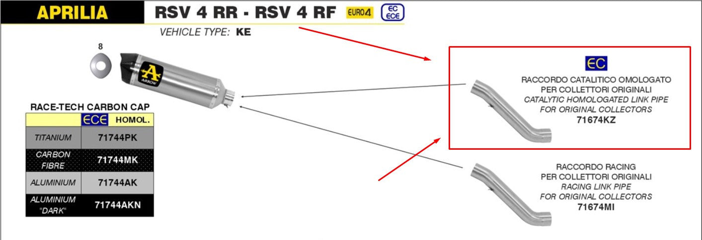 Arrow tubo intermediário com catalisador em aço inoxidável Aprilia RSV4/RR/RF (17-18) 71674KZ 
