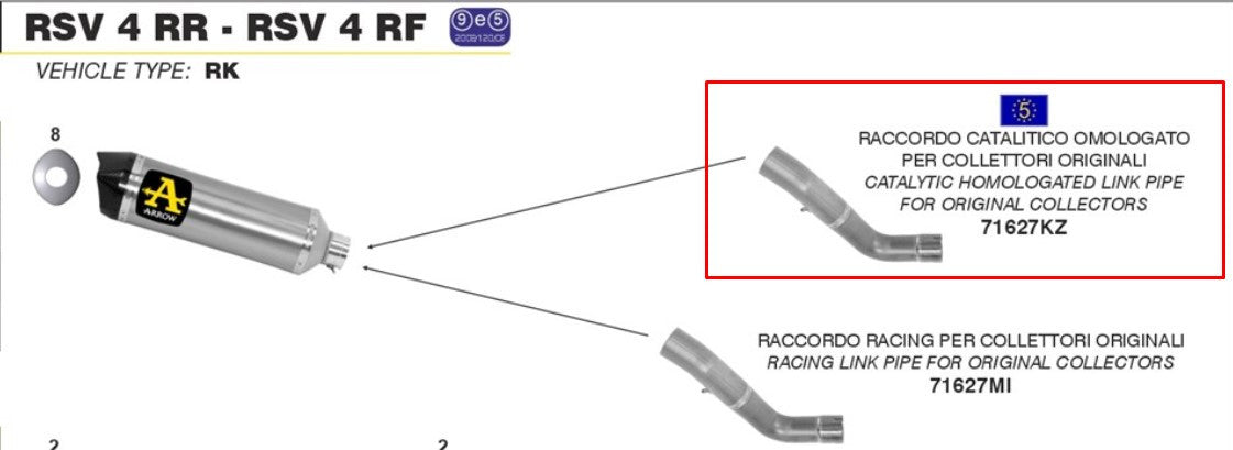 Arrow tubo intercalar com catalisador em aço inoxidável Aprilia RSV4/RR/RF (15-16) 71627KZ 