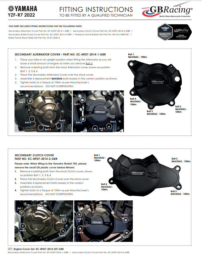 Protetor de luz da cobertura de proteção GBRacing Yamaha YZF-R7 (22-25) 